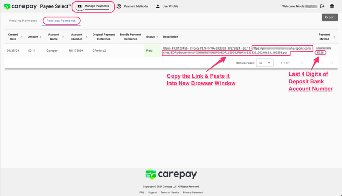 Payment History EOR Link
